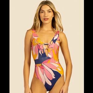 Trina Turk Breeze Floral Plunge Maillot One Piece Swimsuit Size 14